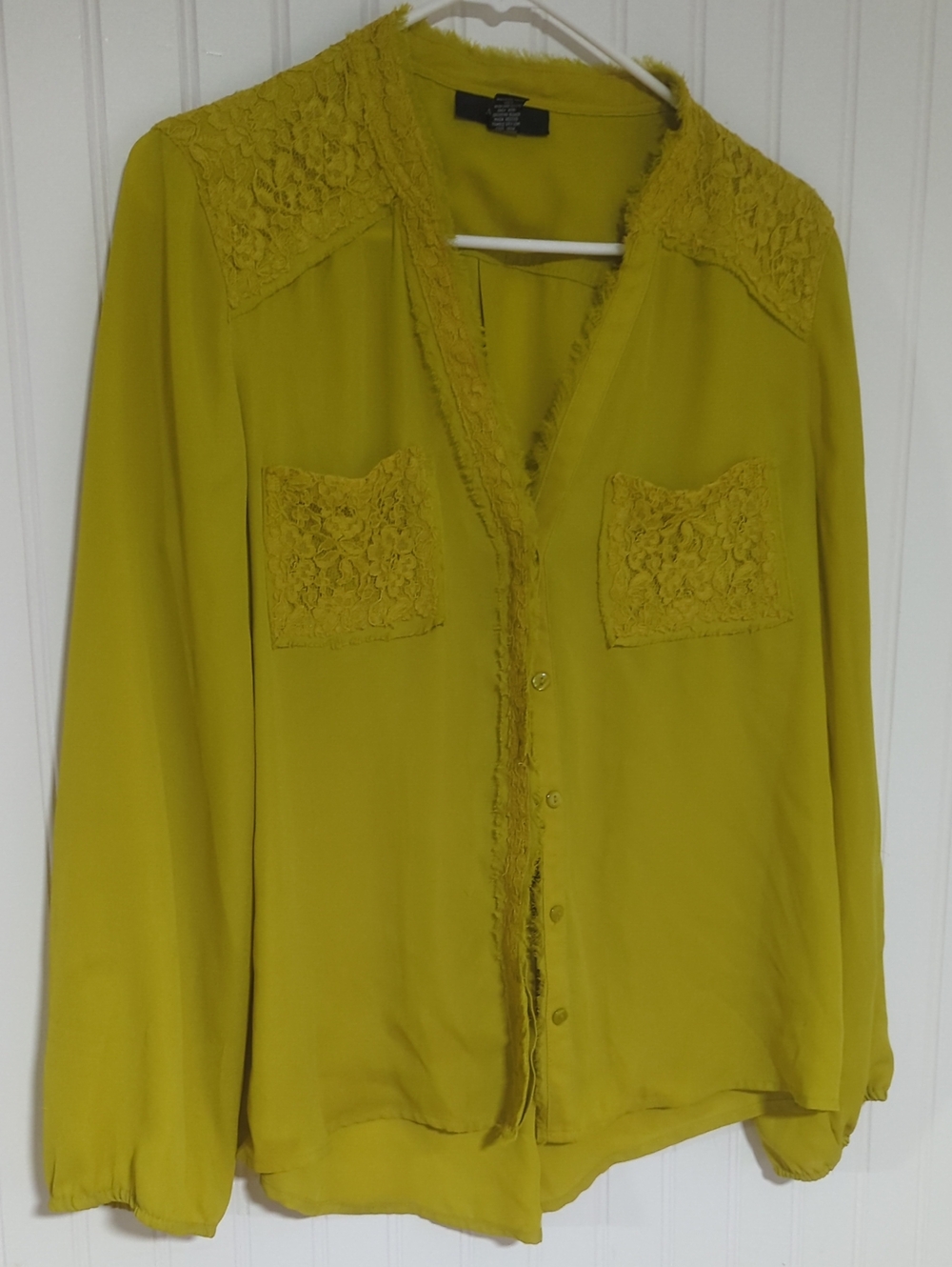 Alfani Chartreuse Lace-Trim Button-Front Blouse